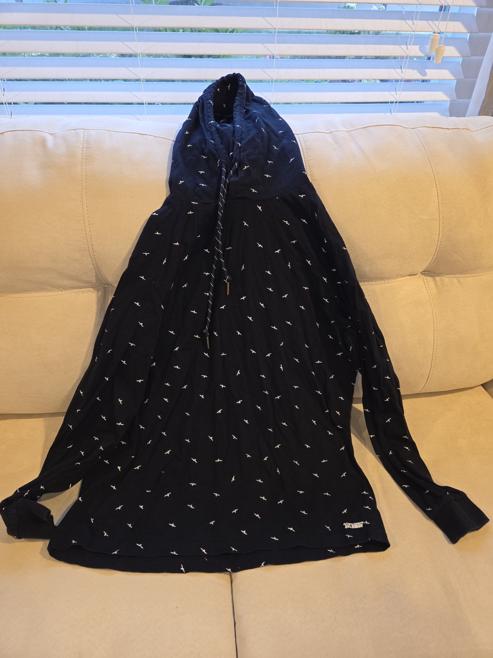 Denim & Flower Navy Hooded Pullover Sweater with Tiny White Motif